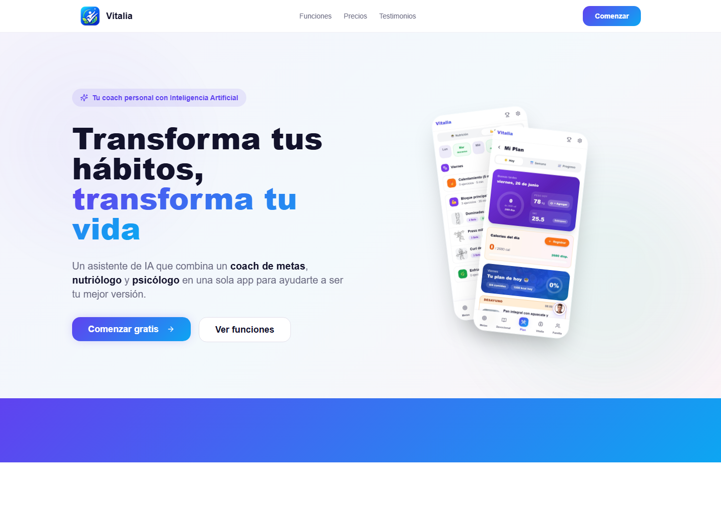 Portada actual de Vitalia con sus funciones de hábitos, nutrición y entrenamiento