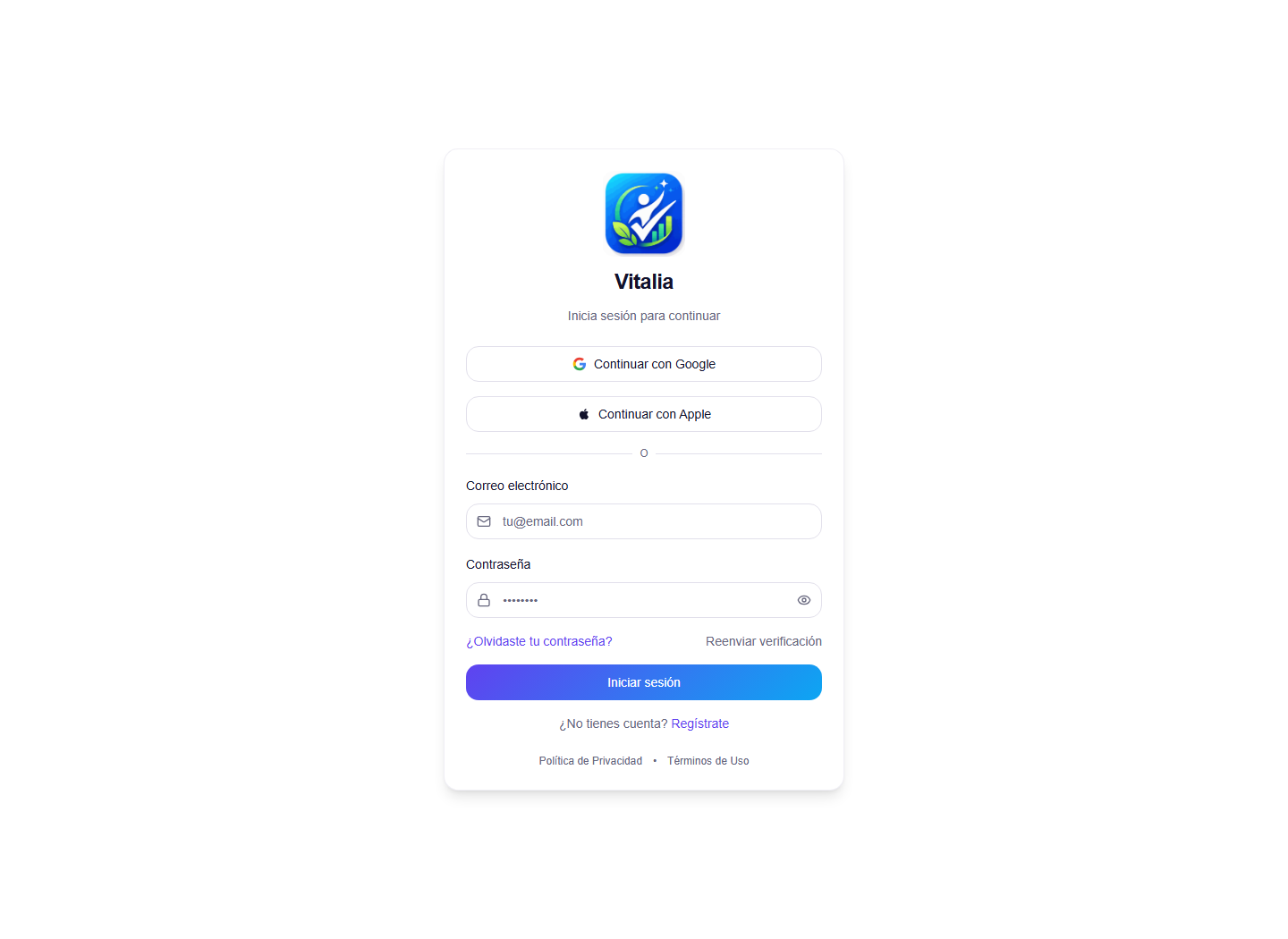 Pantalla de acceso de la aplicación Vitalia Pro